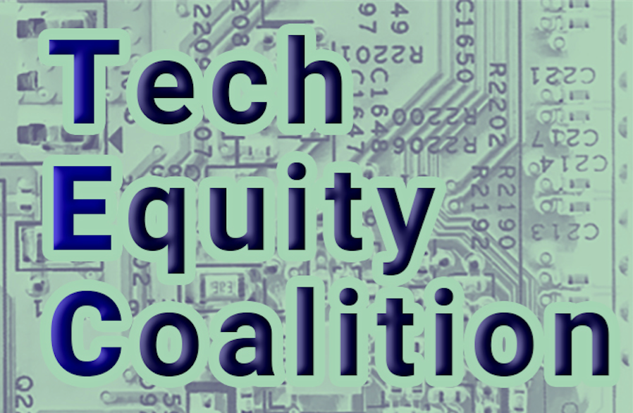 Tech Equity Coalition. In the background, a light green circuit board.
