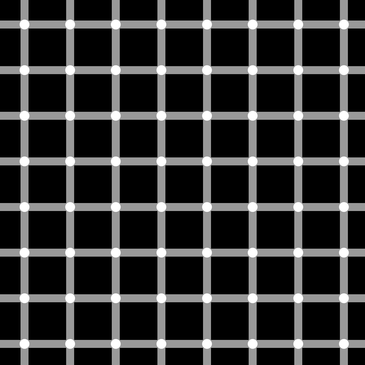 A grid of grey lines and white dots on a black background. Most people also see flashing black dots, which don't actually exist in the image.
