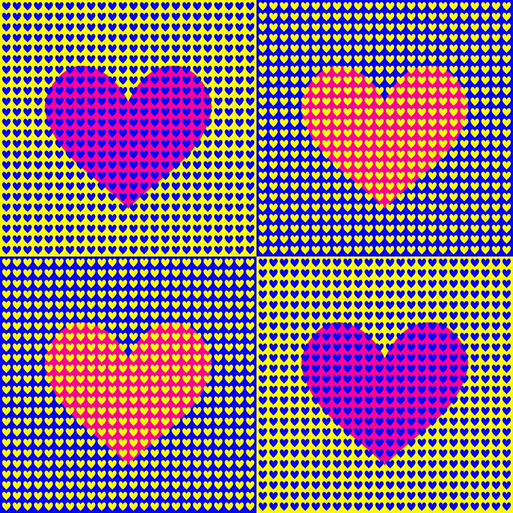 Four squares, each with a grid of hundreds of small hearts in the background and a large heart in the center. The top left and bottom right squares have yellow backgrounds and small blue hearts; the larger heart int he center looks pink. The top right and bottom left squares have blue backgrounds and small yellow hearts; the larger heart looks orange.