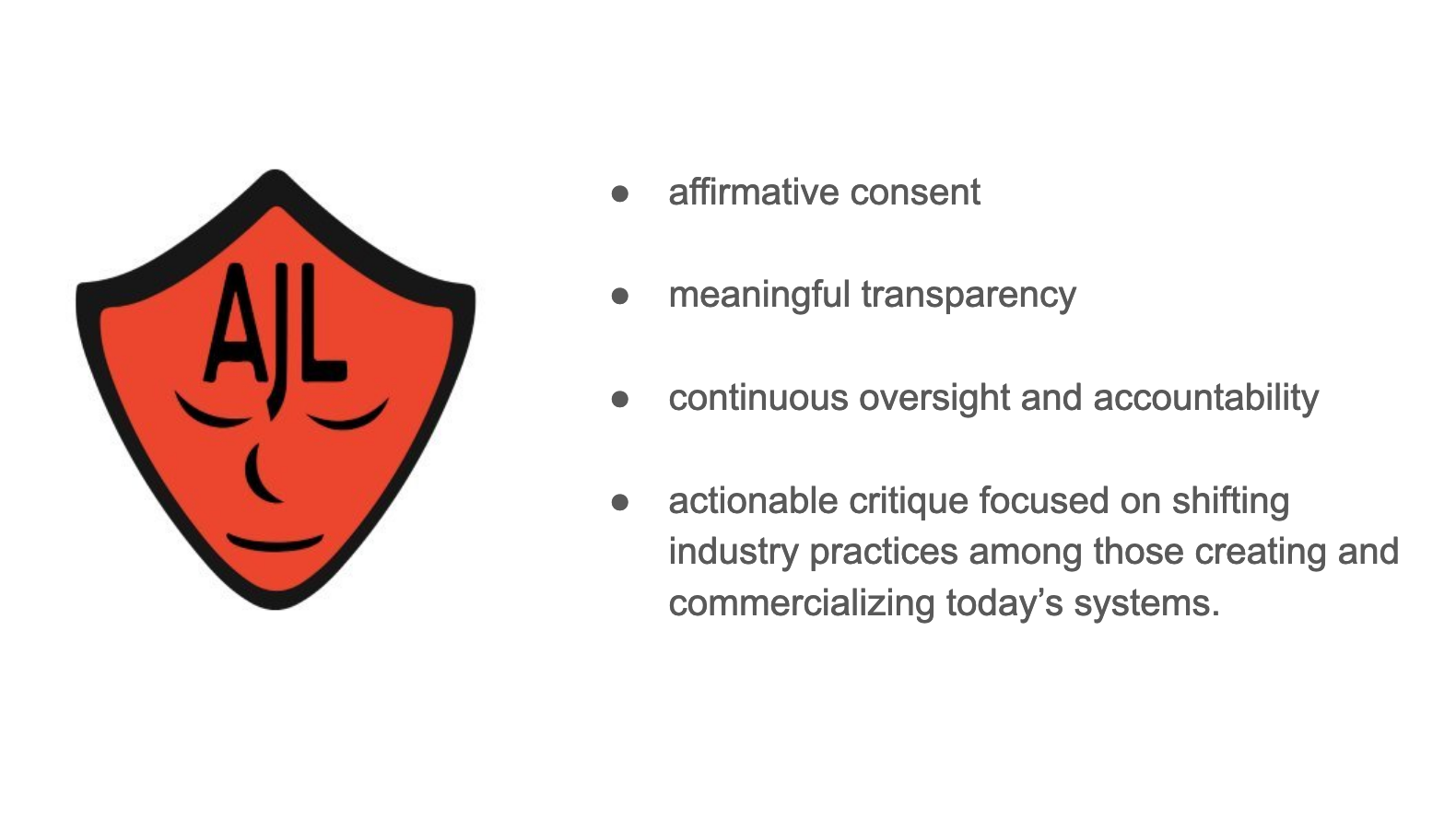 A red face mask with indeterminate gender and the letters AJL. On the right, the four principles listed below