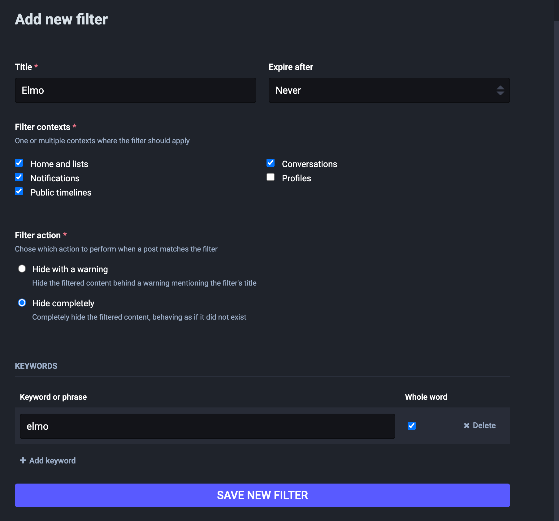 A screenshot of a complicated dialog, with the title "Add new filter", and at the bottom a big blue "Save new filter" button.  More details in the text.