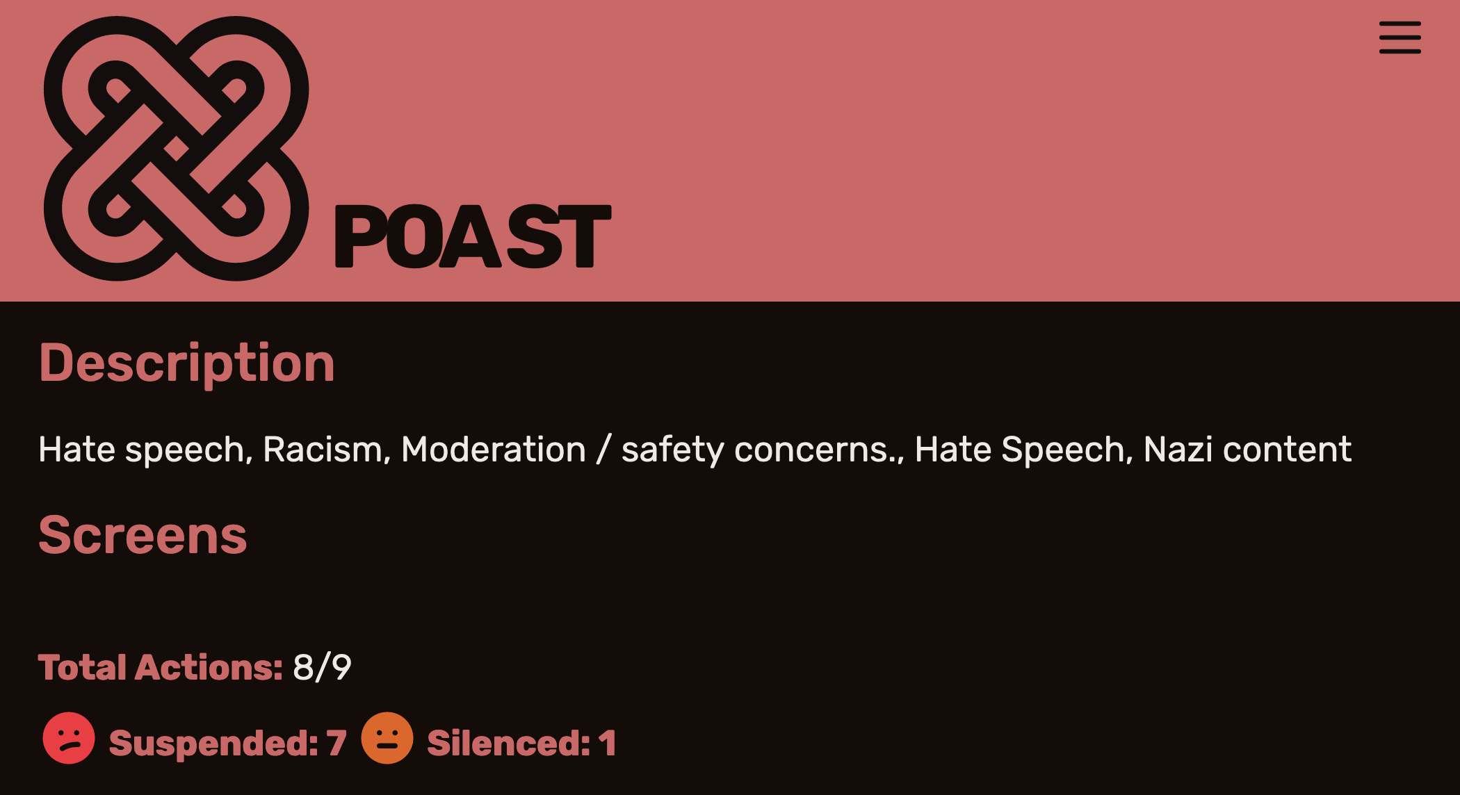 POA ST. Description: Hate speech, Racism, Moderation / safety concerns., Hate Speech, Nazi content. Total Actions: 8/9. Suspended: 7. Silenced: 1