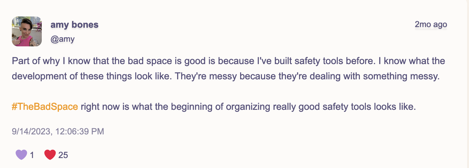 post by amy bones (@amy): Part of why I know that the bad space is good is because I've built safety tools before. I know what the development of these things look like. They're messy because they're dealing with something messy. #TheBadSpace right now is what the beginning of organizing really good safety tools looks like. 9/14/2023