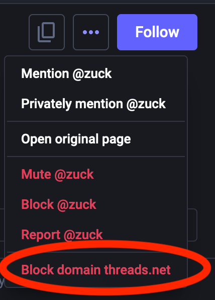 A menu with seven items. At the top, "Mention @zuck" in white. The seventh item on the menu, at the very bottom, is "Block domain threads.net" in red., with a red circle around it