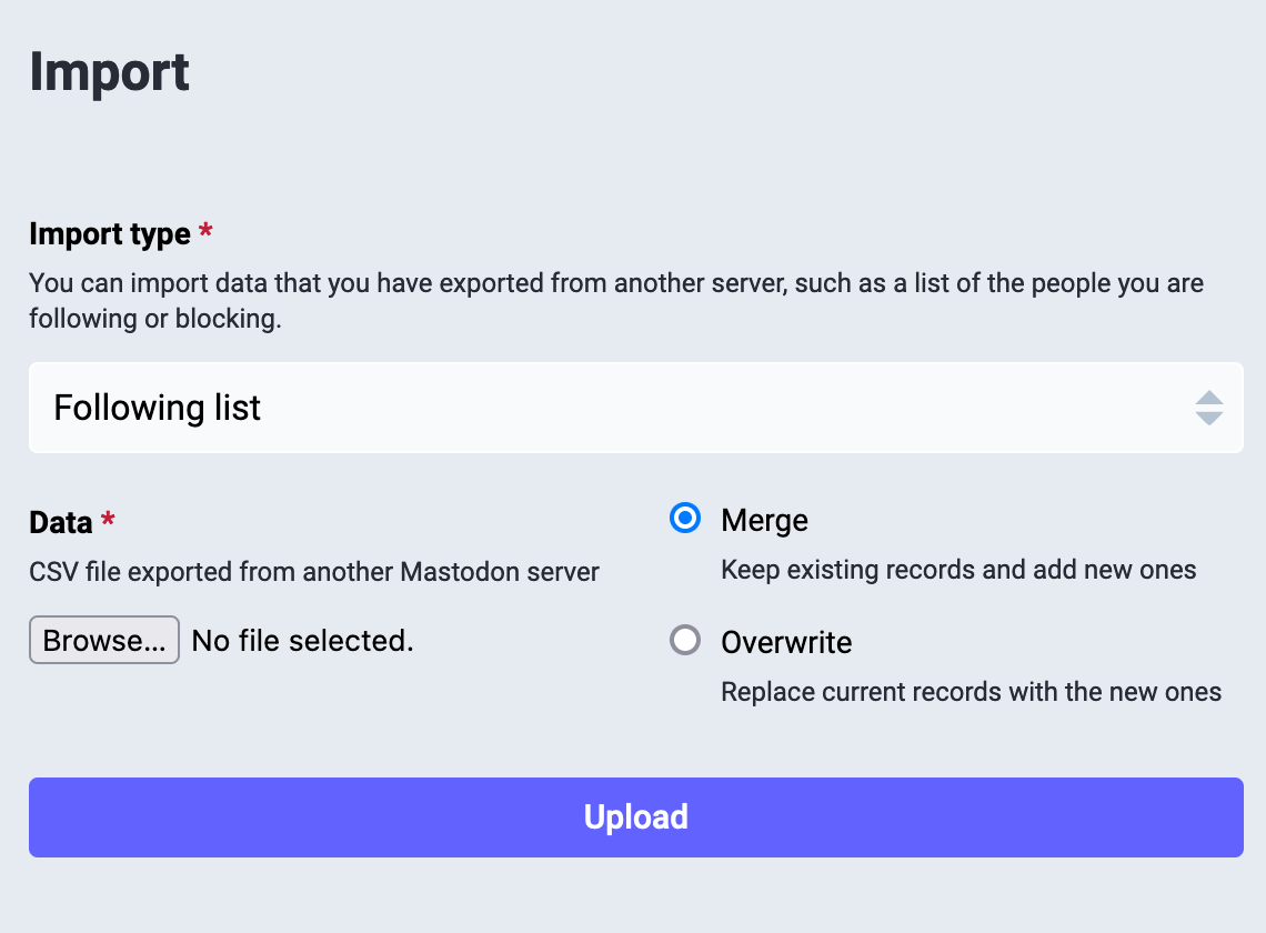 A complicated dialog. At the top: Import, with the Import Type currently set to Following list and an indication that you can make a choice of import type
