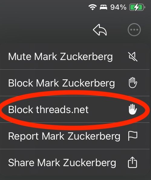 A menu with five items. At the top, "Mute Mark Zuckerberg". The third item on the menu is "Block threads.net", with a red circle around it