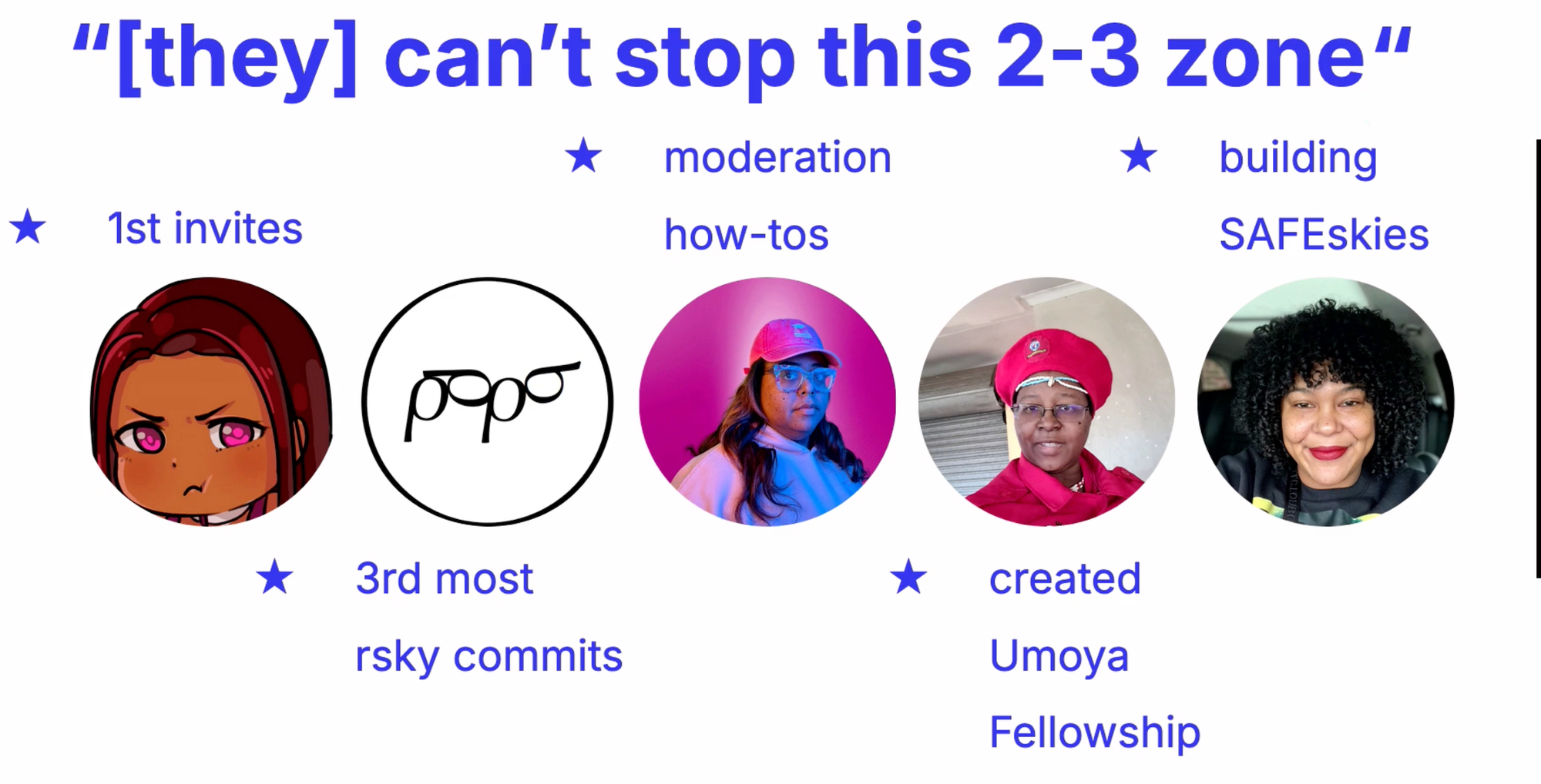 A slide with the title "[they] can't stop this 2-3 zone", followed by avatars labeled 1st invites, 3rd most rsky commits, moderation how-tos, created Umoya Fellowship, building SAFEskies